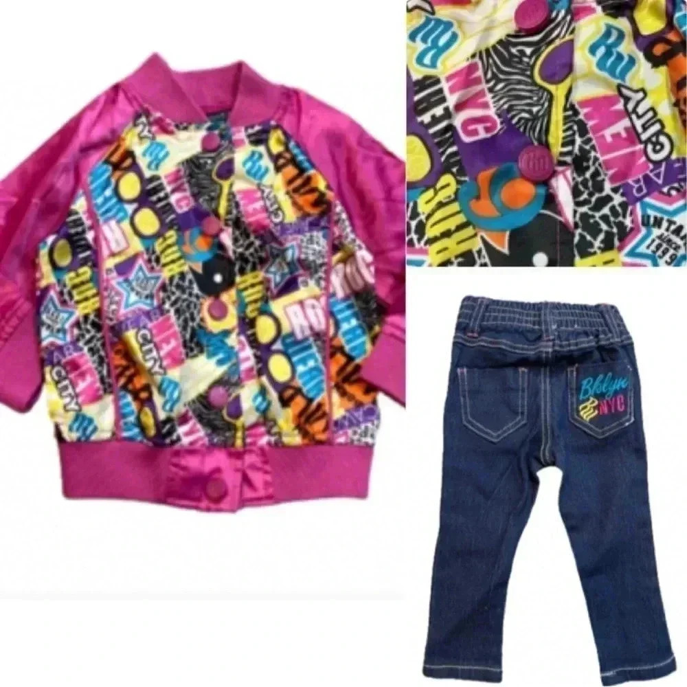 Vintage Rocawear jacket & blue jean set. Pink graffiti & dark‎ jean size 9-12.